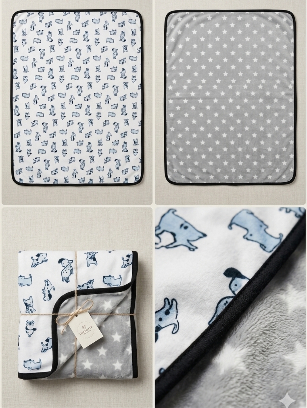 Reversible Baby Blanket - Blue Dog Print & Gray Star Backing